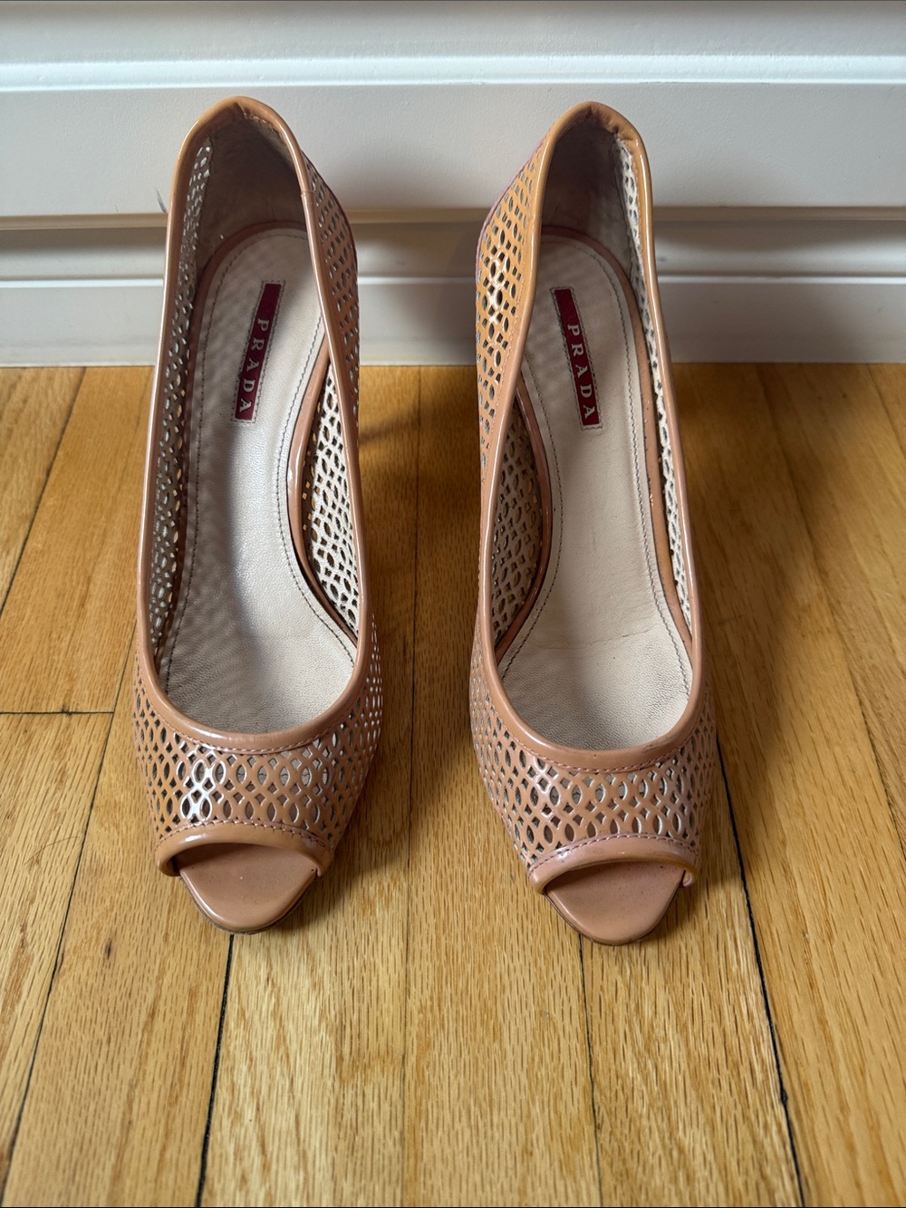 Vintage Prada Tan Laser-Cut Peep-Toe Heels